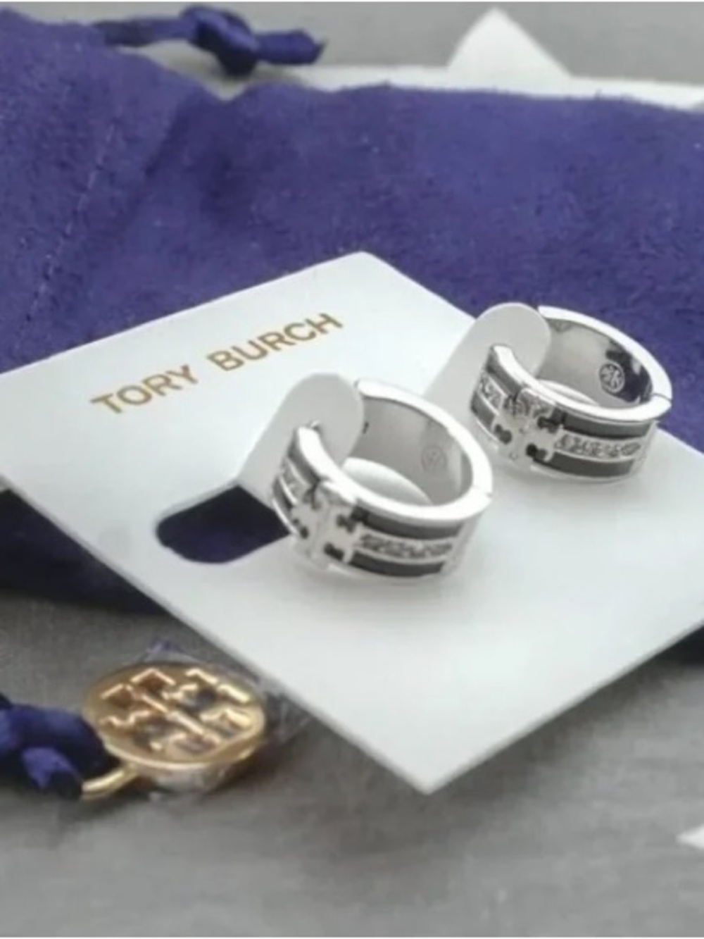 Tory Burch Silver Logo Huggie Hoop Earrings